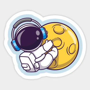 Cute Astronaut Hug Moon With Headphone Cartoon Sticker